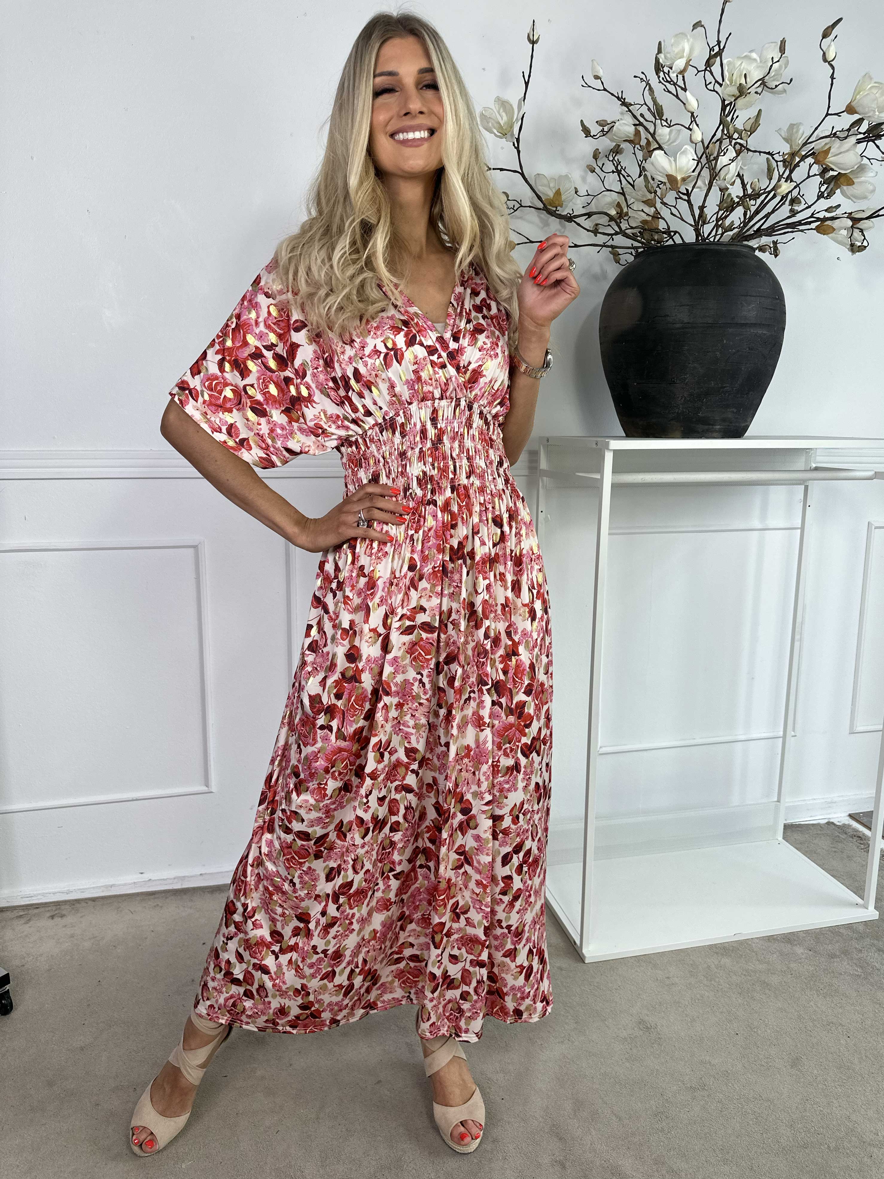 Pams Small Rose - Elastisk klänning med blommigt tryck och gulddetaljer